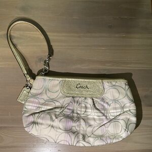 Coach Beige and Gold Wristlet with Purple Accents